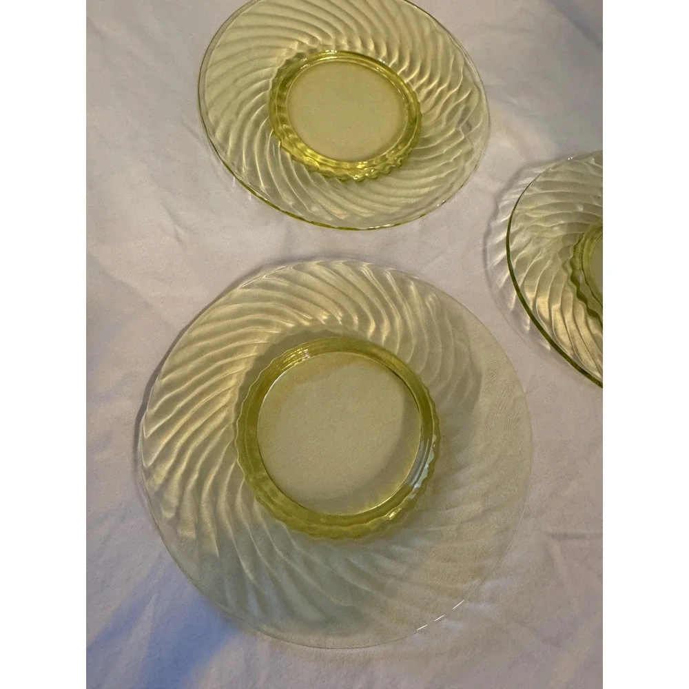 Set Of 3 Imperial Glass Uranium Saucers Twisted Optic Plates Vaseline Glass VTG